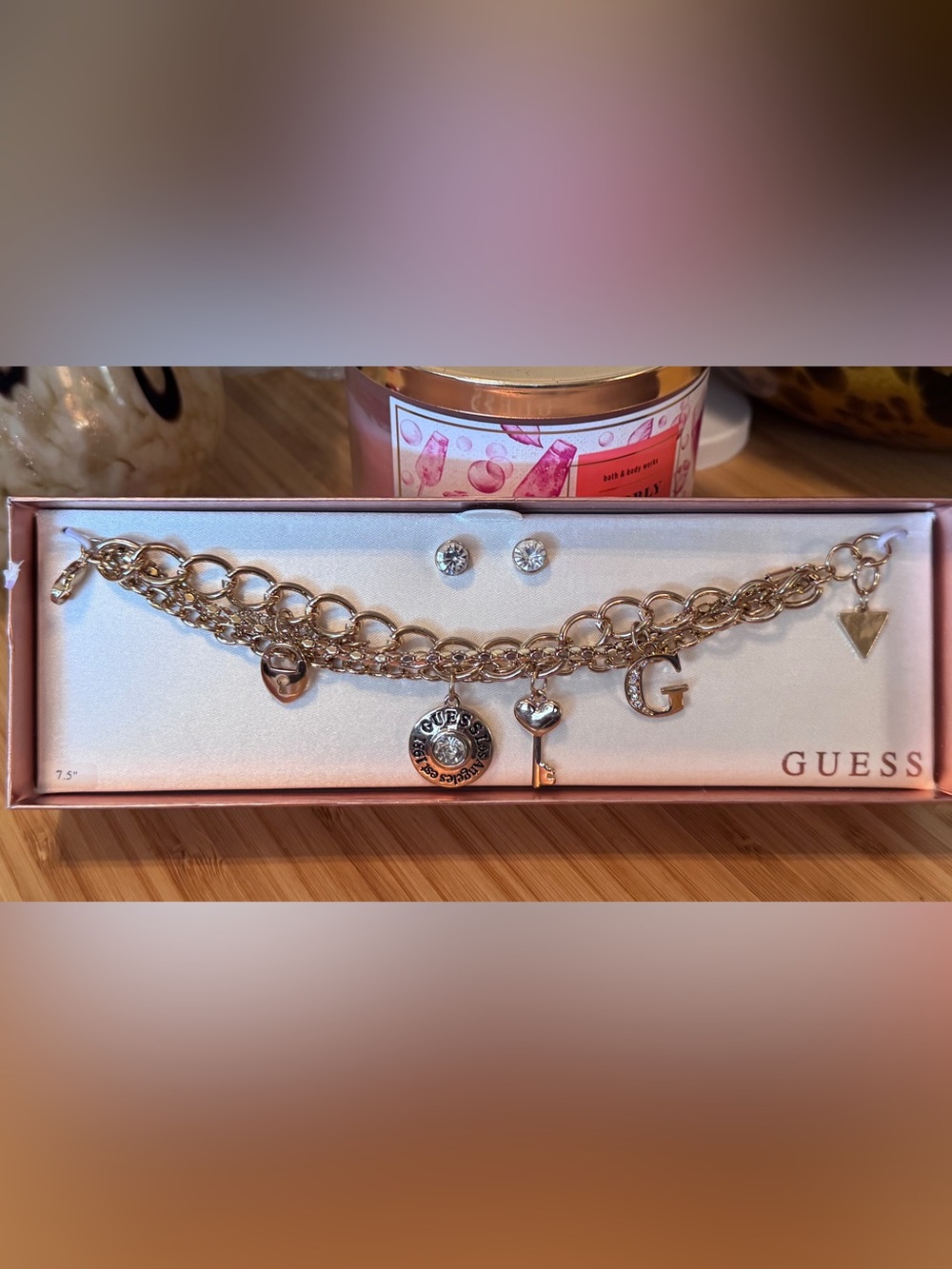 Guess, New, Gold Charm Bracelet with White Crystal Stud Earrings. 7.5 length
